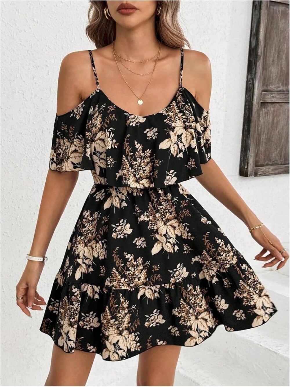 Women's Black Boho Floral Mini Dress Cold Shoulder Short Sleeve Ruffle Vacation - Picture 4 of 6